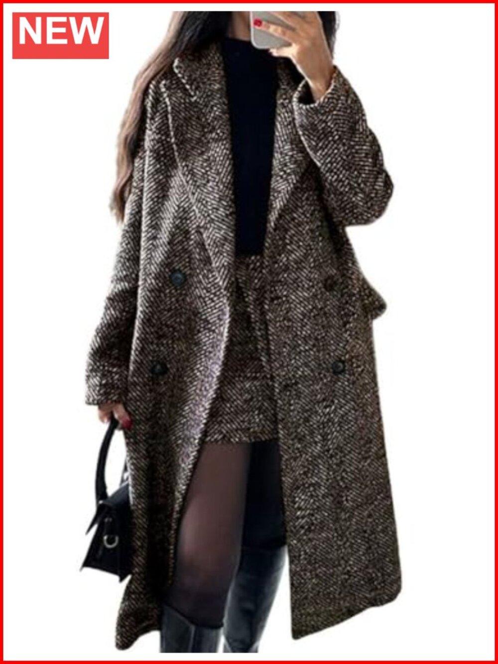 Women's Herringbone Wool Blend Pea Coat Double Breasted Long Winter Overcoat